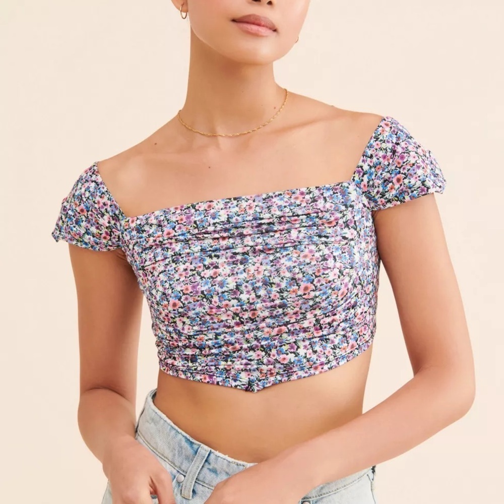 🔥3/$30🔥 AFRM Floral Lazo Crop Top Off-Shoulder Crop Top - Pink Multi Medium